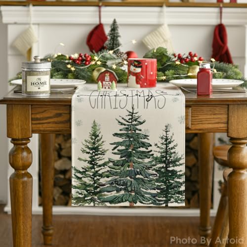 Beige Pine Tree Snowflake Christmas Table Runner, Winter Holiday Kitchen Dining Decoration, 13 x 72 Inch B27382