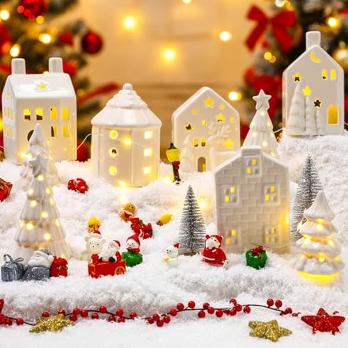 White Christmas Village Set with 30 Mini Figurines and LED Lighted Houses Q119