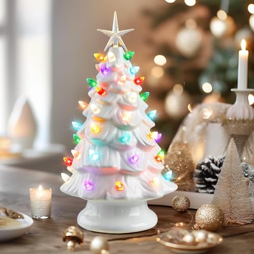 Ceramic Christmas Tree with Multicolored LED Lights, Battery Operated Tabletop Decor C5626