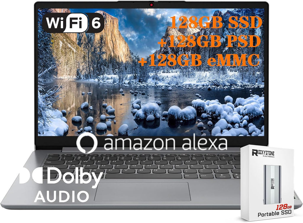 Lenovo IdeaPad 1 Laptop, 14" HD Display, Intel Celeron N4020, 4GB RAM, 128GB SSD + 128GB Portable SSD + 128GB emmc, Wi-Fi 6, Bluetooth, Media Card Reader, Long Battery Life, USB-C, Win 11 S, Grey