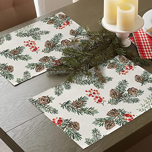 Winter Pine Cone Needle Branch Berry Table Runner, Watercolor Botanical Tabletop Scarf, Christmas Farmhouse Holiday Dining Decoration O823579