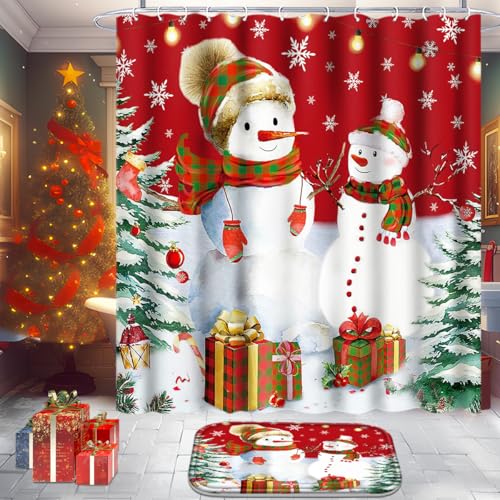 Christmas Bathroom Set with Shower Curtain, Rugs, and Hooks F236