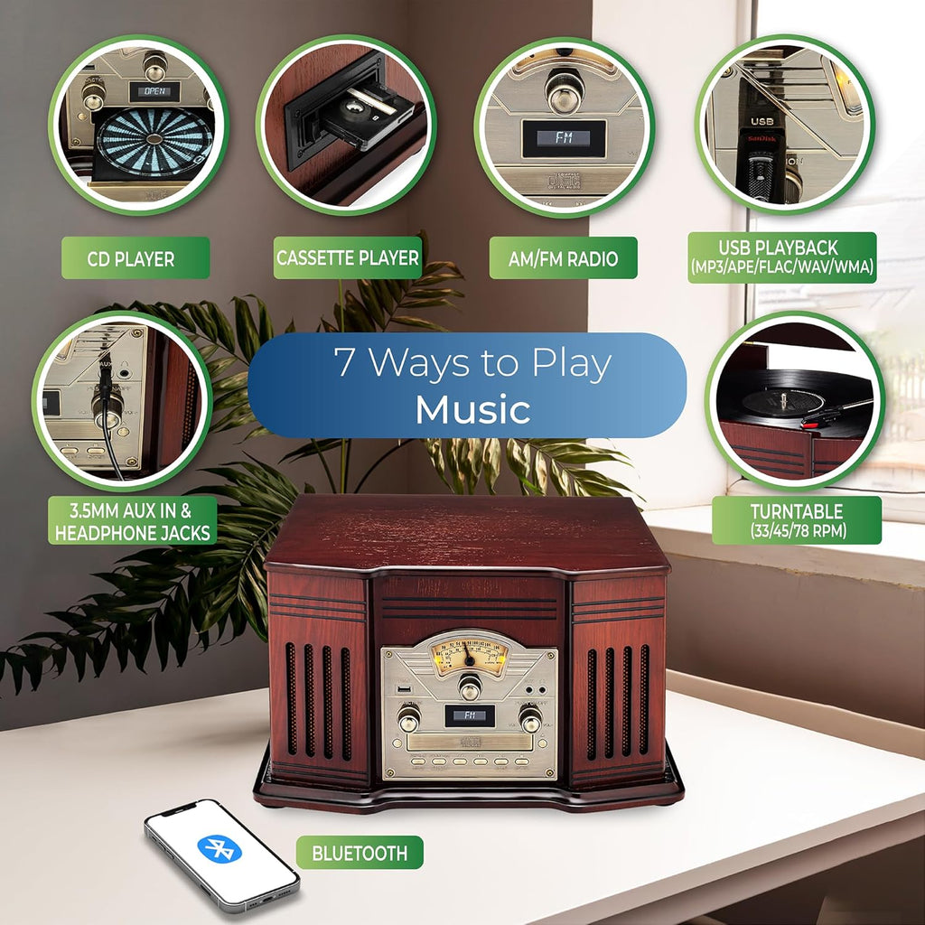 All-in-One Turntable with 3-Speed Record Player, Bluetooth, CD, Cassette, AM/FM Radio, USB, Built-in Speakers P88310