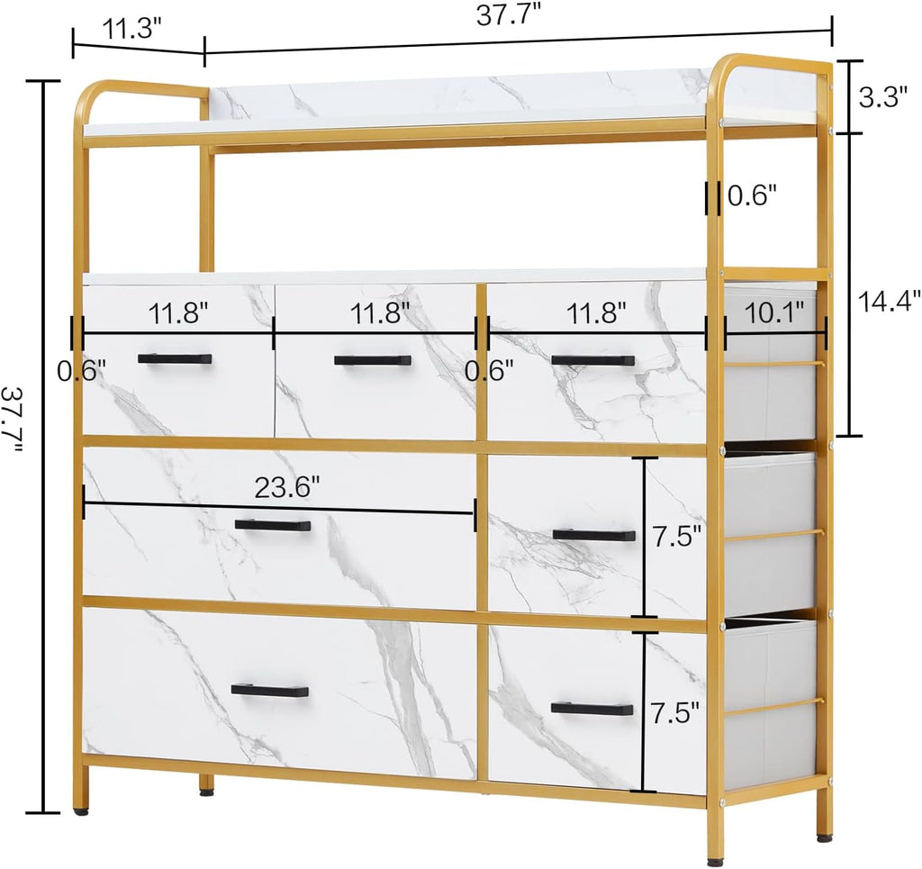 White Dresser with 7 Drawers and Double Shelf for Bedroom D1851