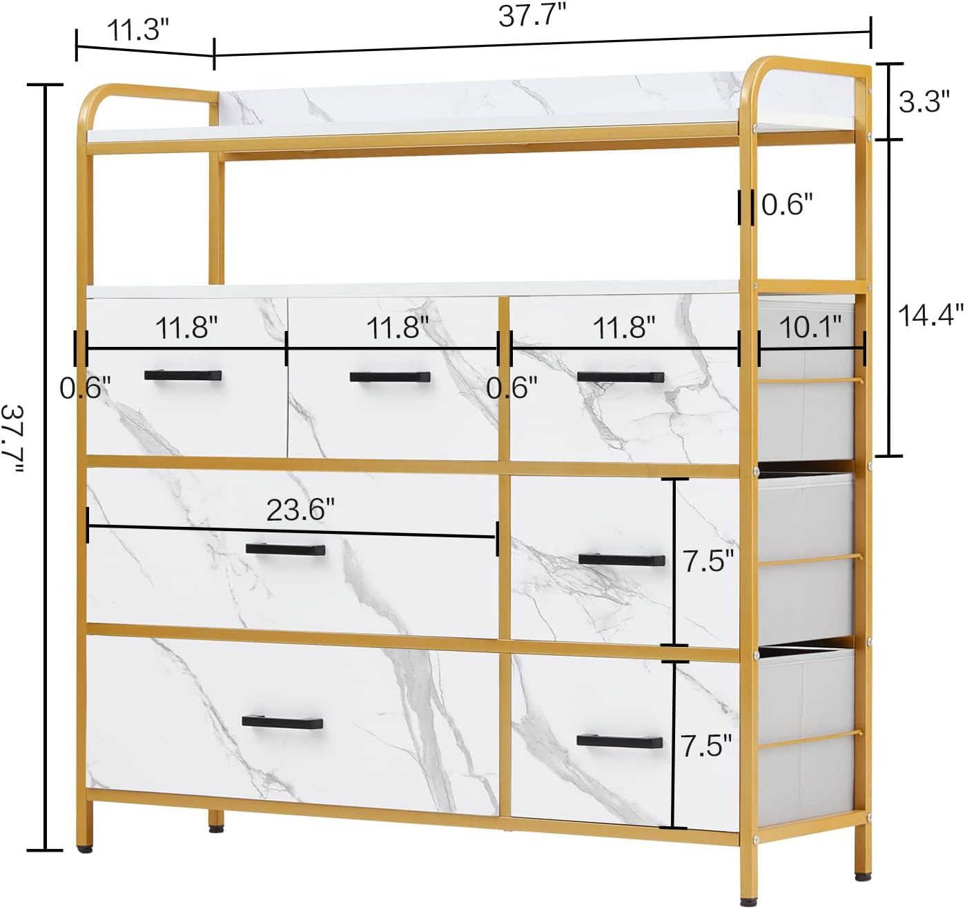 White Dresser with 7 Drawers and Double Shelf for Bedroom D1851