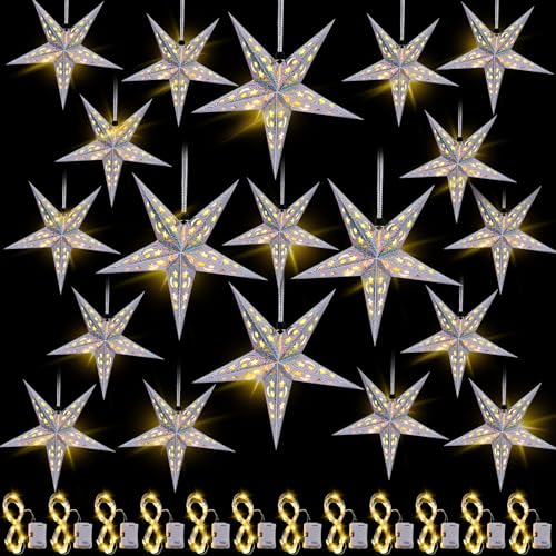 20 Set Christmas Paper Star Lanterns with LED Lights Hanging Decor N8251