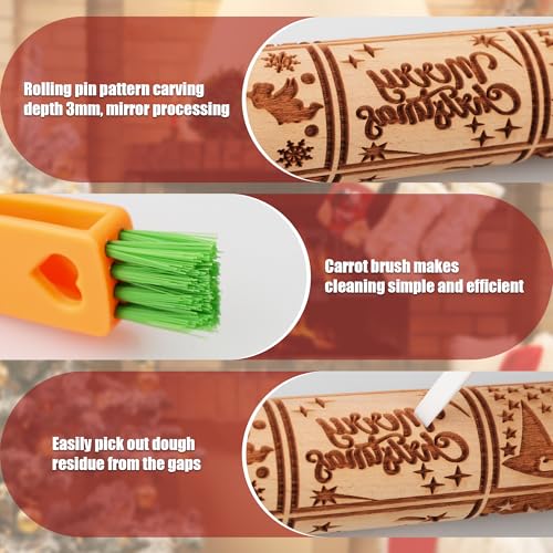 17" Wooden Rolling Pin for Baking with Christmas Embossed Designs, 3mm Deep Cookie Molds, Includes Cleaning Brush L8431