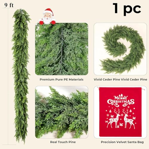Real Touch Cedar Garland 9 ft for Mantle, Table, Stairs, Doorframe H3682