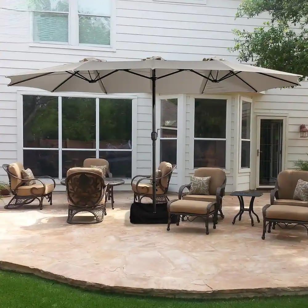 15ft Double Sided Outdoor Patio Umbrella with Base, Hand-Crank Lift, Air Vent W239759