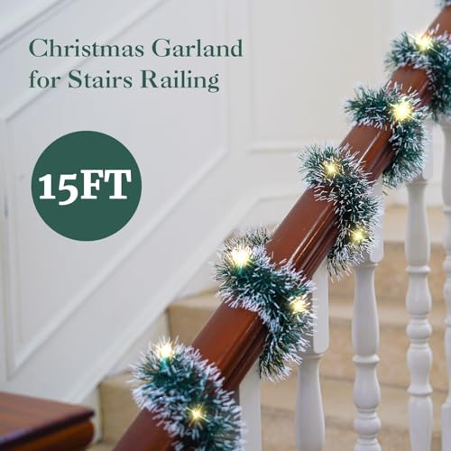 Christmas Garland with Lights 15FT, 2 Pack for Mantle, Stairs, Door & Wall Decor Q268