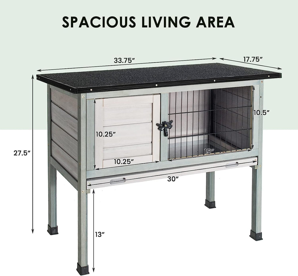 Elevated Wooden Rabbit Hutch with Openable Roof and Pull-Out Tray K1938