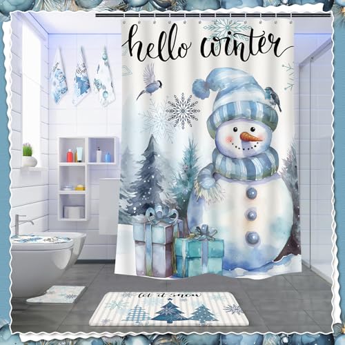 7 Pcs Christmas Shower Curtain Set with U Shape Rugs, Toilet Cover and 3 Towels W9950