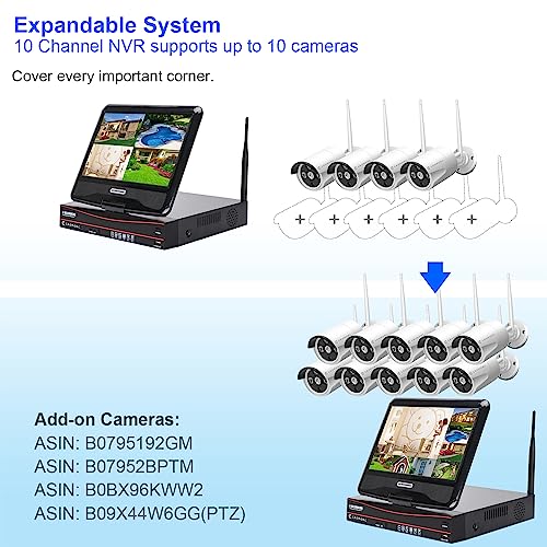 Expandable Wireless Security Camera System with 10.1" Monitor, 4 Cameras, Night Vision L602170