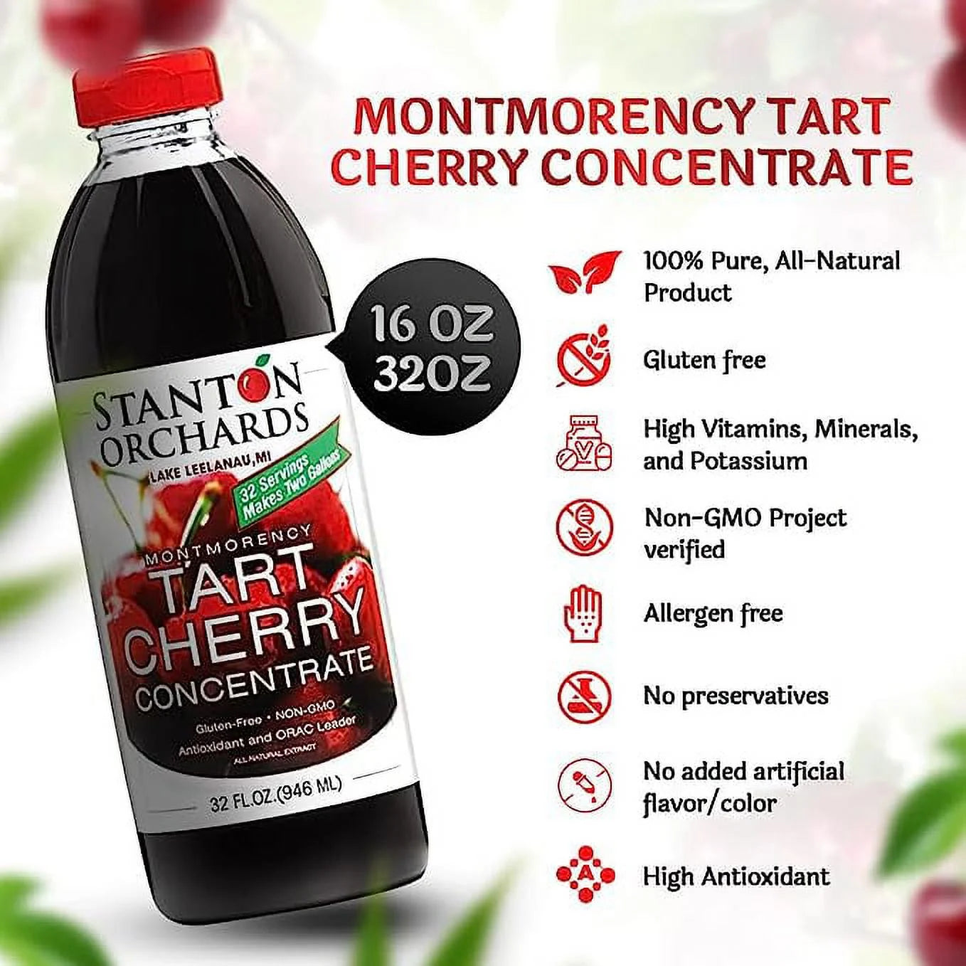 Tart Cherry Montmorency Concentrate Juice, 32 Fl Oz, 2 Pack V1947