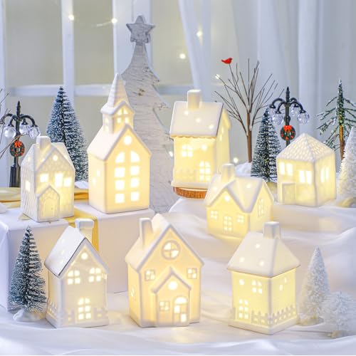 28 Pcs Ceramic LED Christmas Village Set with Houses, Trees & Lamp Posts Y25286