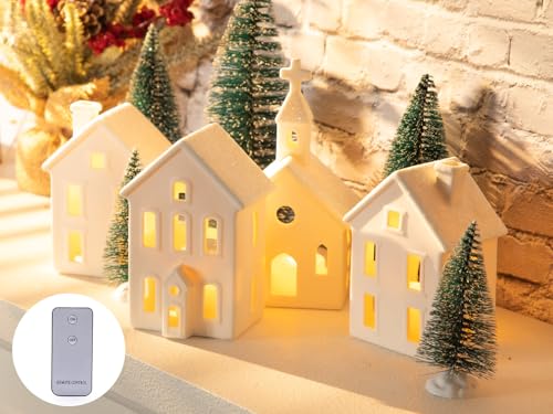 7PCS Christmas Village Sets - 3 LED Lighted Ceramic Houses with Remote & 4 Trees D535
