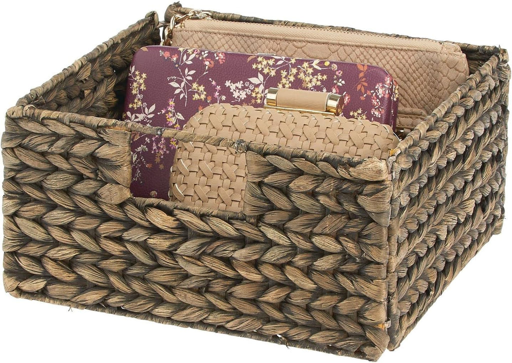 Woven Hyacinth Storage Bin Basket Organizer with Handles, Foldable Square Bins, 4 Pack, Brown Wash F786