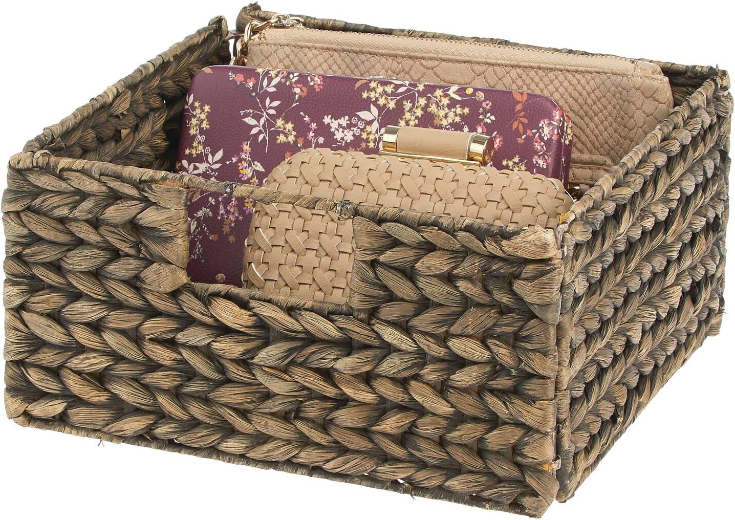 Woven Hyacinth Storage Bin Basket Organizer with Handles, Foldable Square Bins, 4 Pack, Brown Wash F786