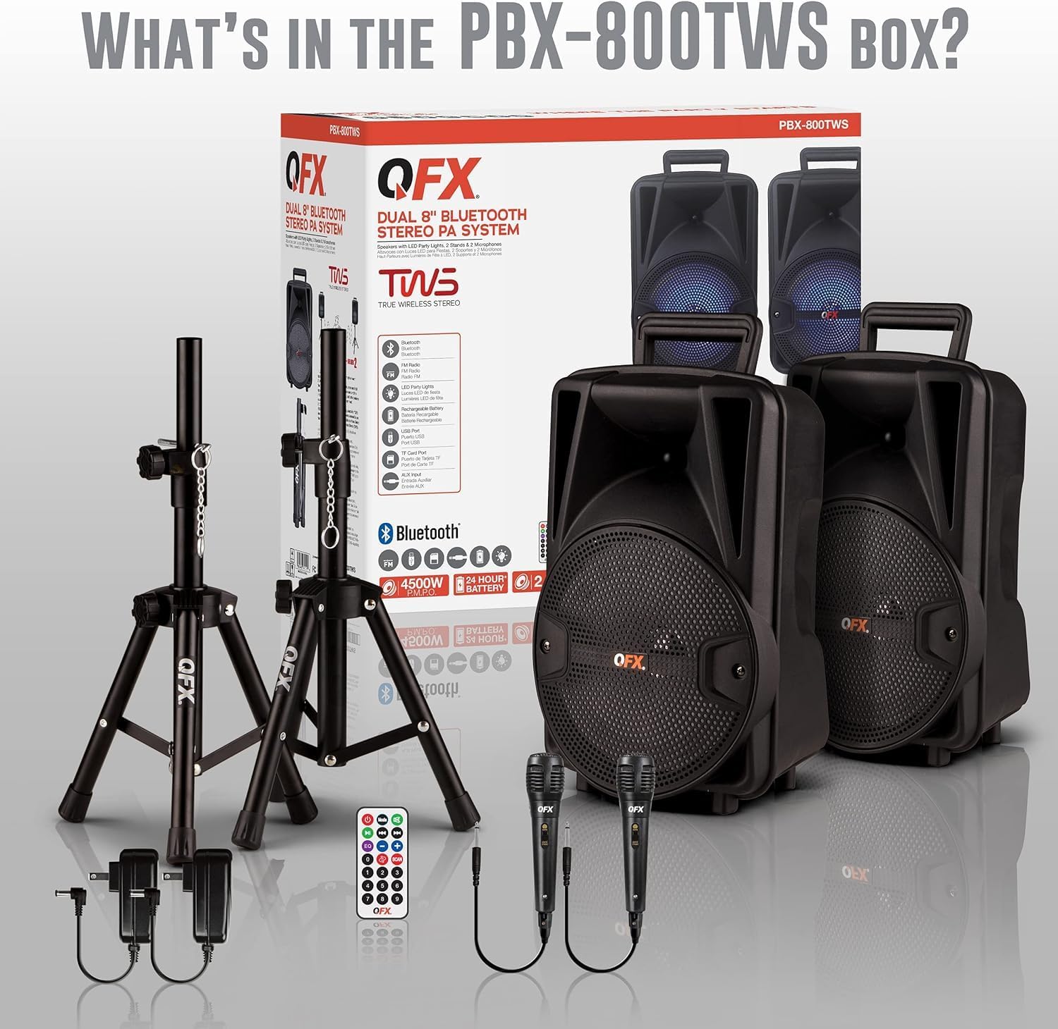 8-Inch TWS Bluetooth Stereo PA System with 2 Microphones and Stands Q381