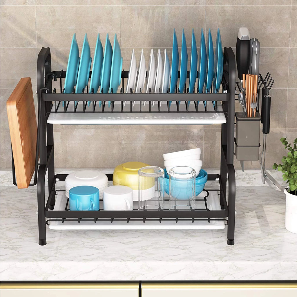 Over the Sink Dish Drying Rack - Adjustable 2-Tier Large Kitchen Organizer with Cutting Board Holder Y932