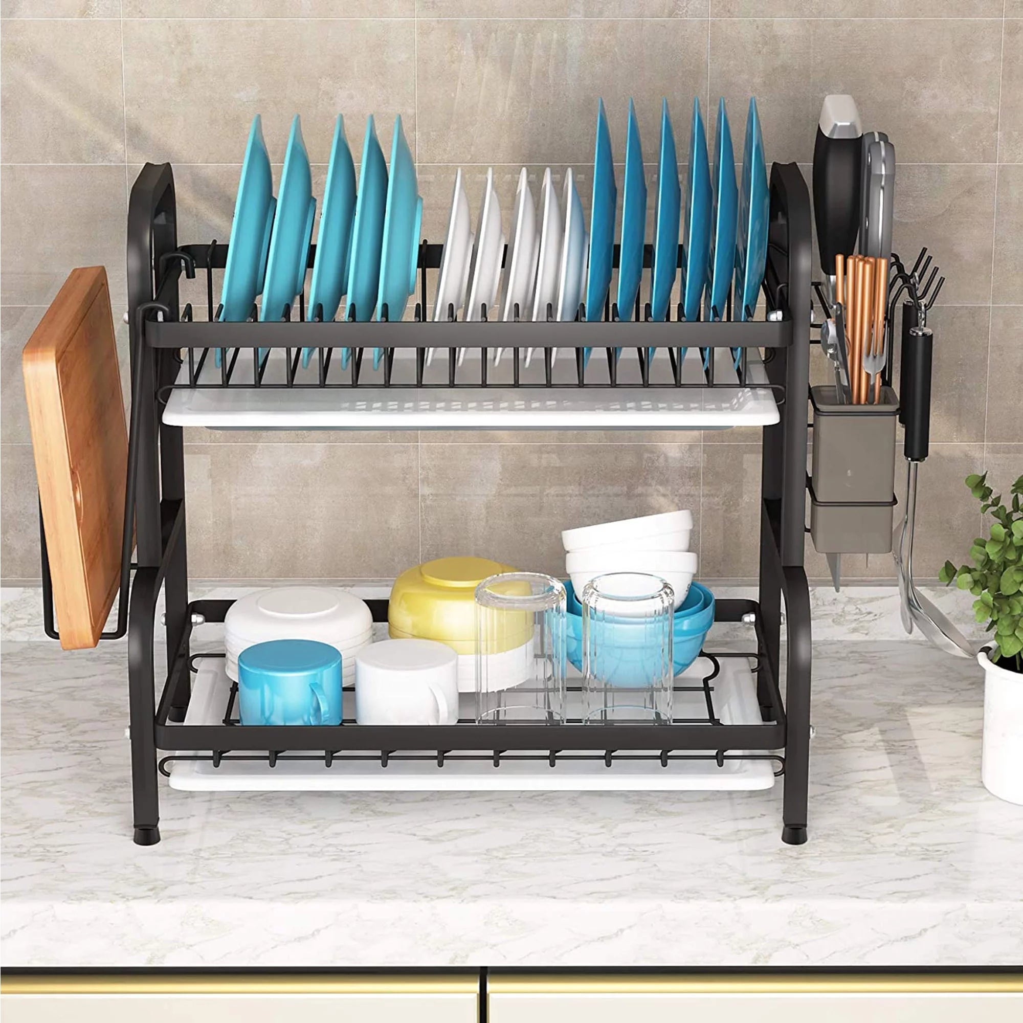 Over the Sink Dish Drying Rack - Adjustable 2-Tier Large Kitchen Organizer with Cutting Board Holder Y932