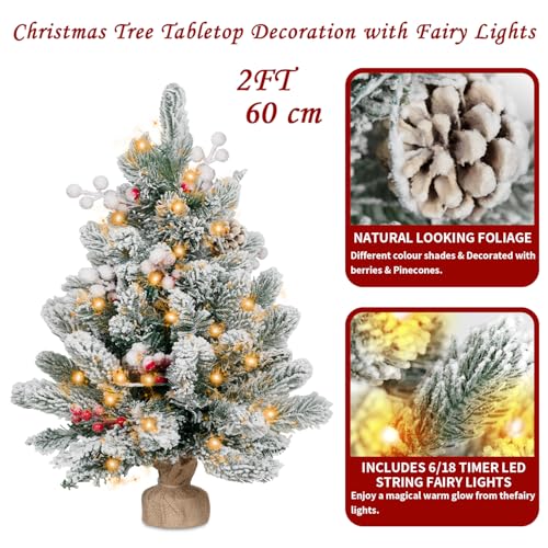 Flocked Artificial Mini Christmas Tree with Lights, Tabletop Decor W784363