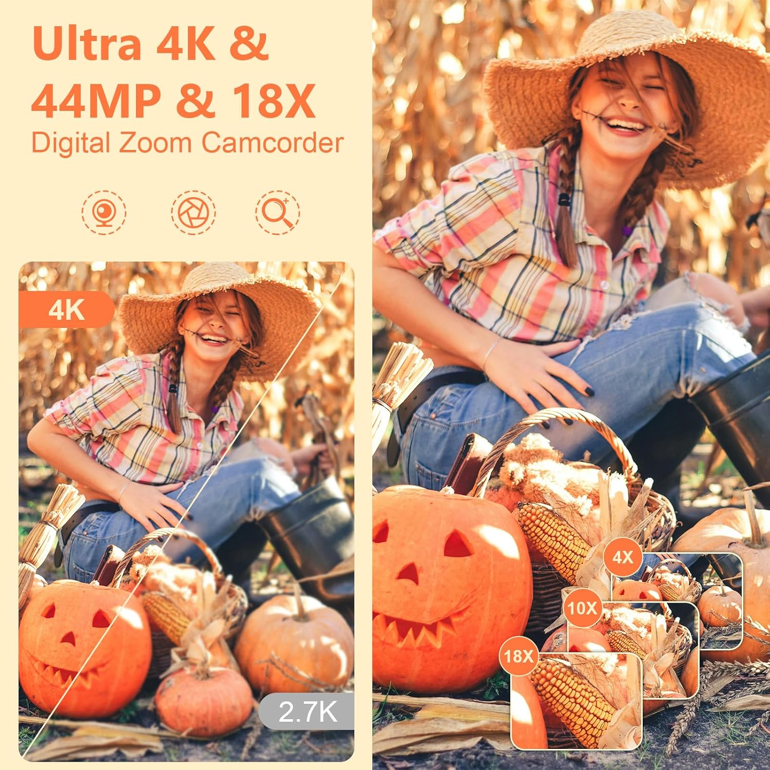 4K Camcorder Ultra HD 44MP Vlogging Camera with 18X Zoom and 3.0" Screen M9295