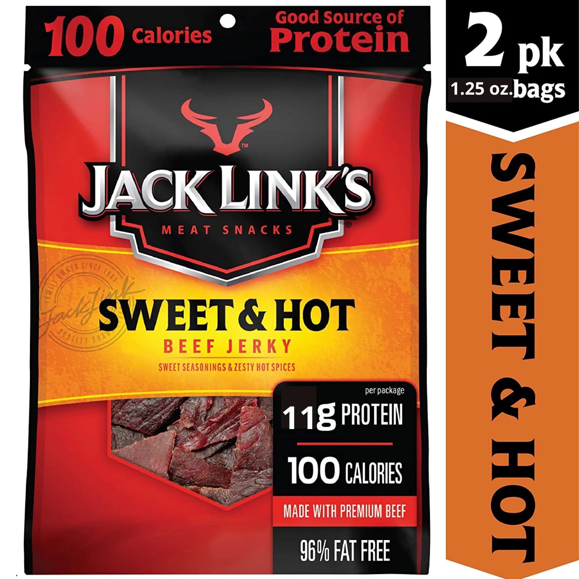 Beef Jerky Sweet and Hot, High Protein Meat Snack, 1.25 oz, 2 Bags Q44091