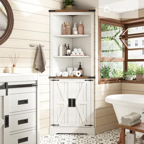 Corner Cabinet with Barn Door Design, Adjustable Shelves V90975