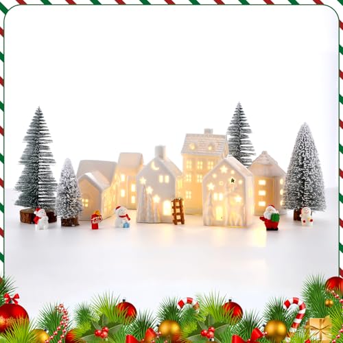 LED Ceramic Christmas Village Set with Light Up Houses and Figurines U9709