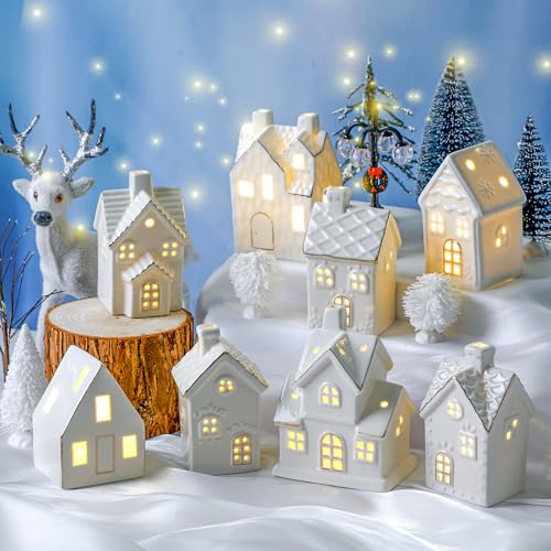 28 Pcs Ceramic LED Christmas Village Set with Houses, Trees & Lamp Posts Y25286