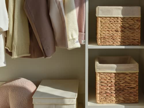 Wicker Storage Cubes with Liners, Water Hyacinth Baskets for Shelving, Handwoven Square Baskets, Medium, 4 Pack R25260