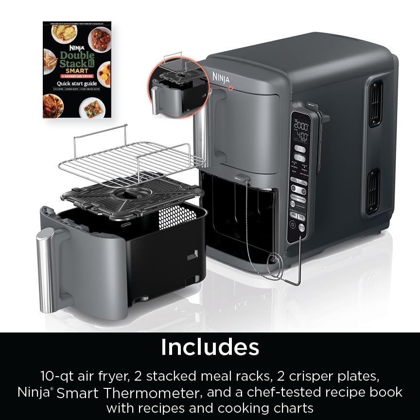 Air Fryer, 8 QT DoubleStack 2-Basket, Space Saving Design, 6-in-1, Roast & Bake, Dishwasher Safe Parts, Black N43591