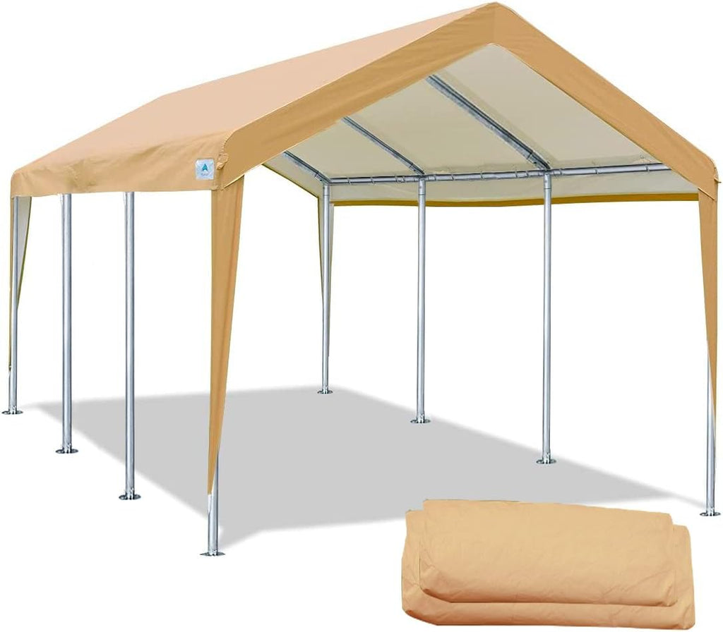 ADVANCE OUTDOOR Adjustable 10x20 ft Heavy Duty Carport Car Canopy Garage Shelter Boat Party Tent, Adjustable Heights from 9.5ft to 11.0ft, Removable Sidewalls and Doors, Beige