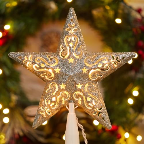 Christmas Star Tree Topper Lighted 3D Gold Pentagram with 10 Bulbs Plug In B67124
