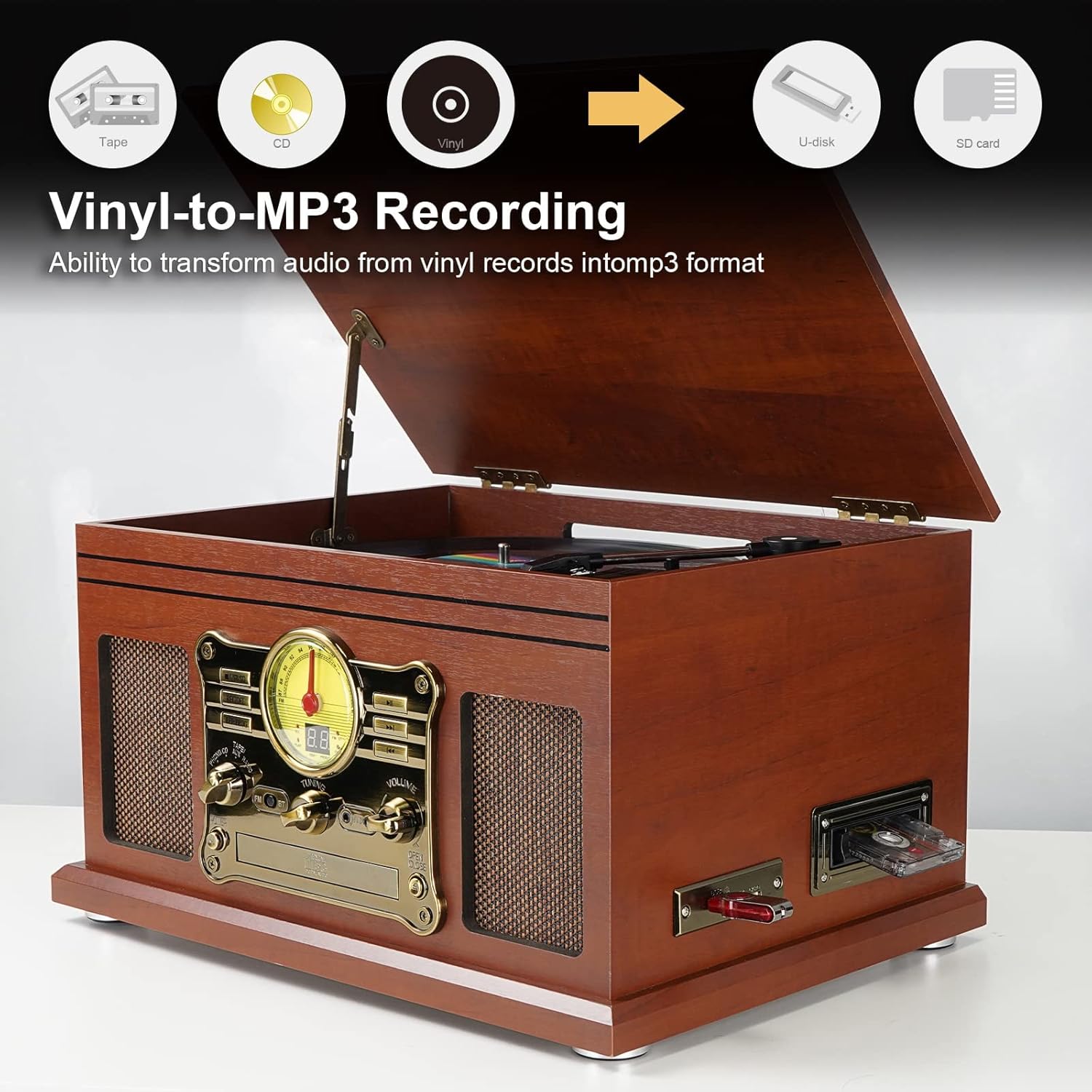 Bluetooth Record Player, 3-Speed Turntable with Speakers, LP to MP3 Converter X52207