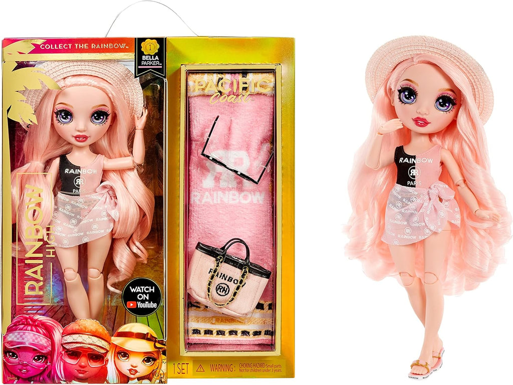 Rainbow High Pacific Coast Bella Parker- Pink Fashion Doll with 2 Designer Outfits, Pool Accessories Playset, Interchangeable Legs, Toys for Kids, Great Gift for Ages 6-12+ Years