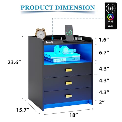 Nightstand with Charging Station, LED Night Stand with 24 Colors, 3 Drawers and Open Storage, USB Ports for Bedroom, White R1651