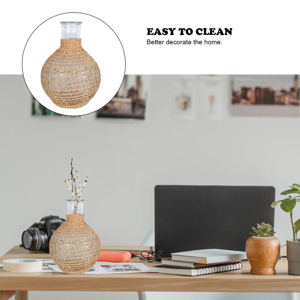 Rattan Glass Vase with Gold Terrarium Jar H3246