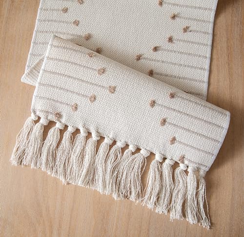 Christmas Table Runner 13 x 90 Inch Cotton Woven with Tassels Red and Beige B398787