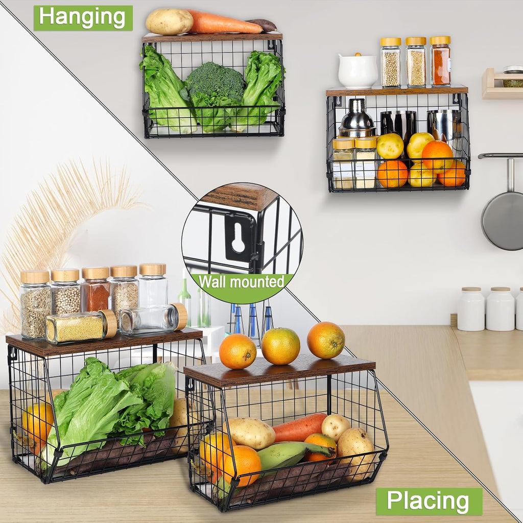 Fruit Basket for Kitchen Counter with Hooks, Stackable Wire Storage T944935