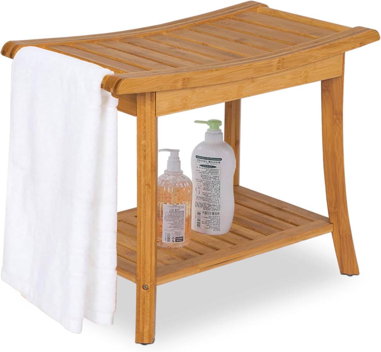 Bamboo Shower Stool with Handles and Storage Shelf W594257