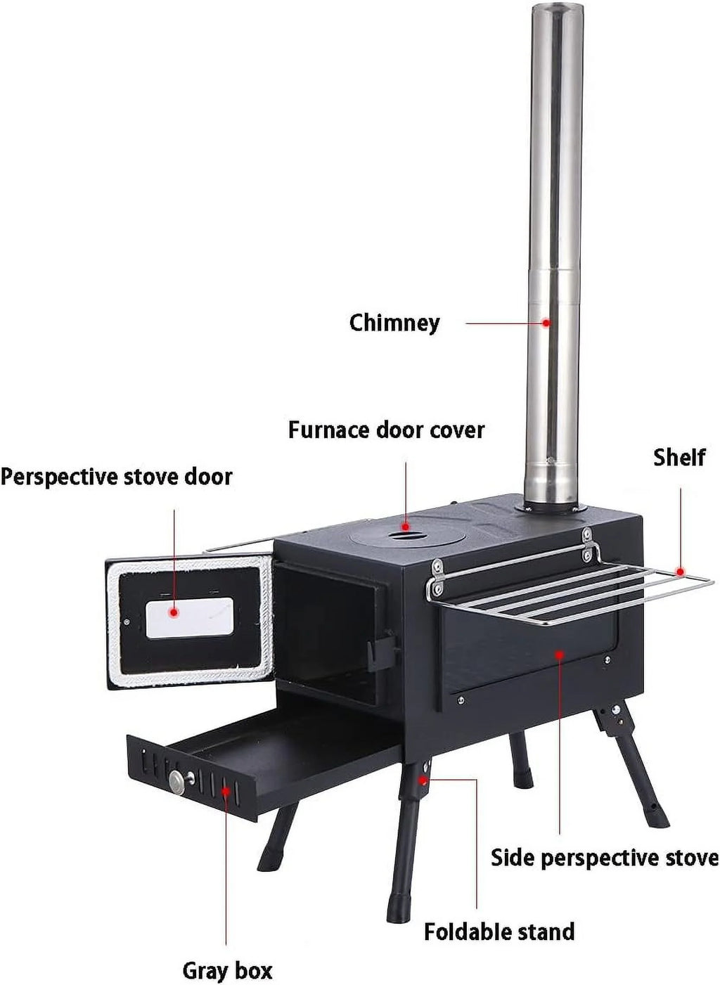 Camping Tent Stove with Window and Chimney Pipe, Portable Wood Burning Stove R987592