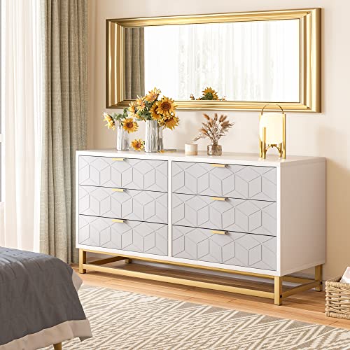 White 6 Drawer Dresser for Bedroom, Modern Wood Chest with Metal Legs G697
