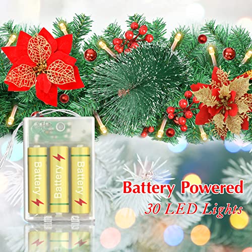 Pre-lit Christmas Garland with LED Lights, Red Flowers and Berries Y488109