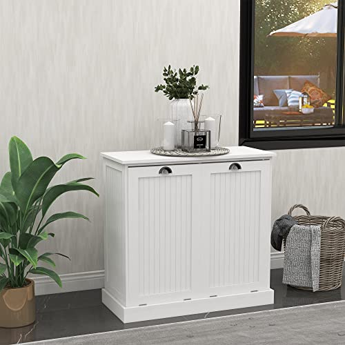 Double Tilt Out Trash Cabinet Laundry Sorter Cabinet Free Standing Laundry Cabinets and Storage Dog Proof Recycling Cabinet Kitchen Island with Garbage Bin (White)