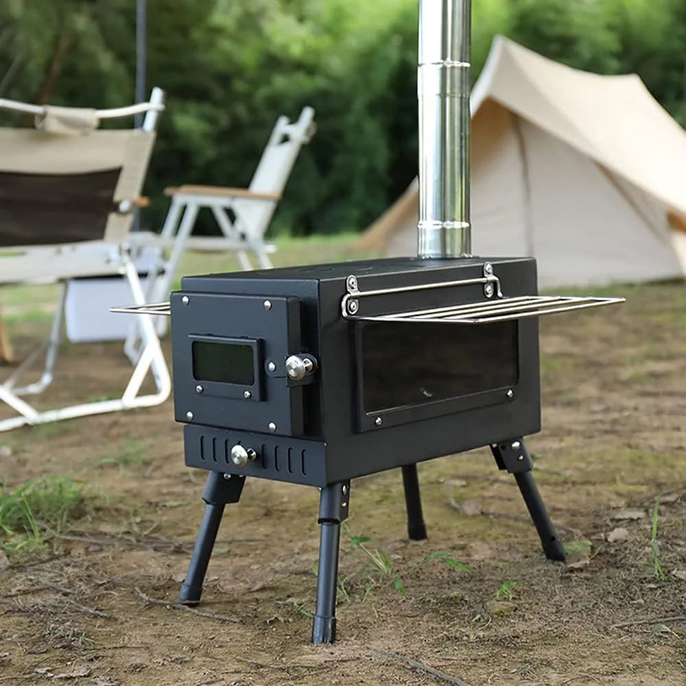Camping Tent Stove with Window and Chimney Pipe, Portable Wood Burning Stove R987592