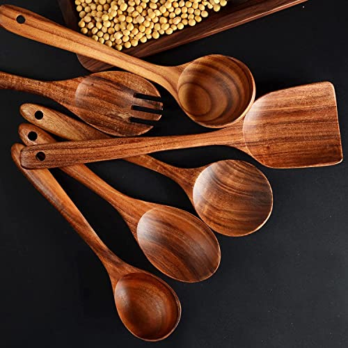 Natural Teak Wooden Spoons for Cooking, 10-Piece Kitchen Utensil Set I607645