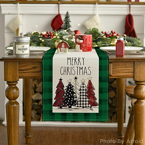Buffalo Plaid Christmas Trees Table Runner, Winter Holiday Kitchen Dining Decor, 13 x 108 Inch D48516