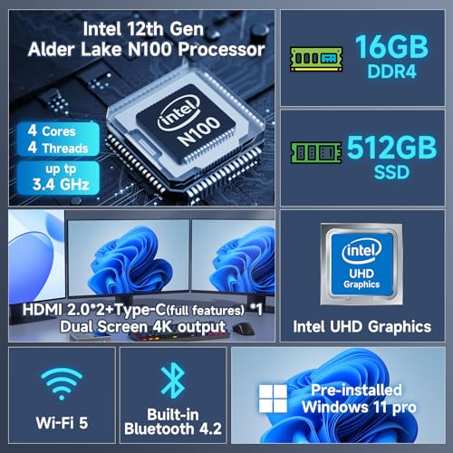 Mini PC, Intel N100, 16GB DDR4, 512GB SSD, Win-11 Pro, Type-C, HDMI, WiFi5, 4K Triple-Display J245